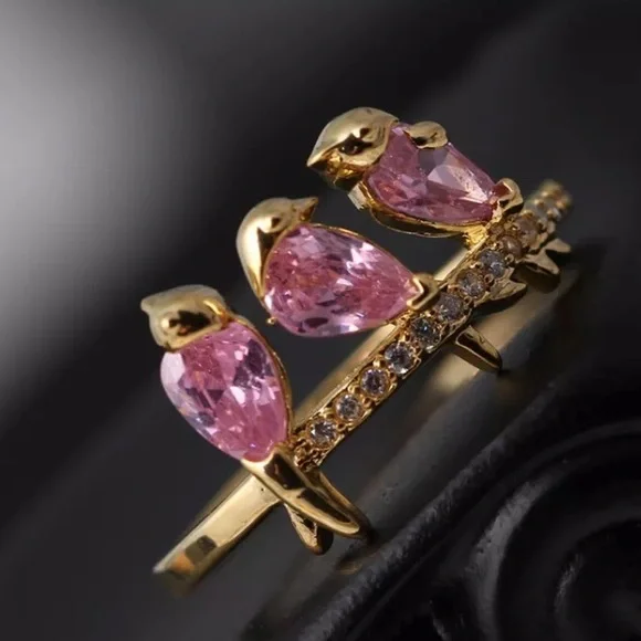 NWT Three Pink Crystal Spring Birds Perched on a Gold Tone Branch Ring Size 7 - Picture 4 of 7